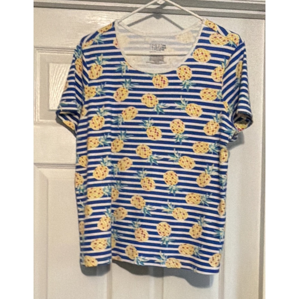 Time & Tru Women's T-Shirt XXL Short Sleeve Scoop Neck Striped Tropical Blue 2X